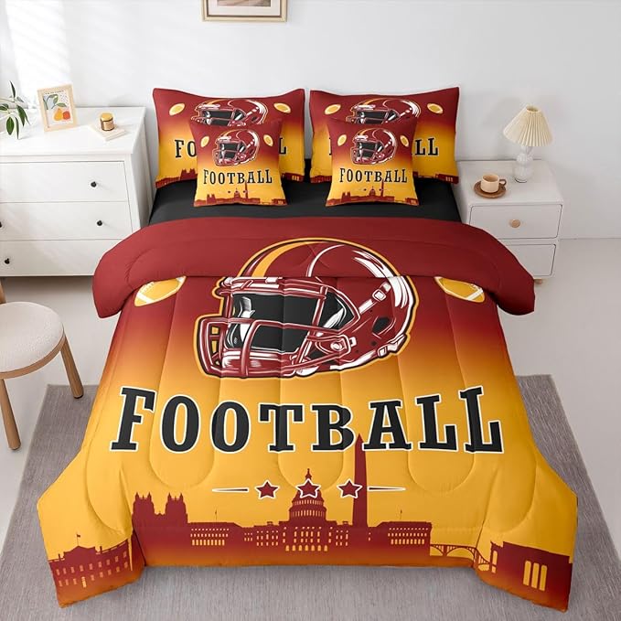 Erosebridal Football City Bed in A Bag King for Kids Boys Teen,American Soccer 7 Piece Bedding Set Sports Rugby Competitive Games Comforter Set with Sheets City Theme Ball Sports Bed Set