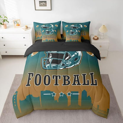 Erosebridal American Soccer Comforter Set with Sheets Football City Green Brown Full Size 7 Piece Bedding Set for Kids Boys Teen,Rugby Sports Games Bed in A Bag City Silhouette Bed Set