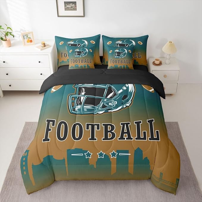 Erosebridal American Soccer Comforter Set with Sheets Football City Green Brown King Size 7 Piece Bedding Set for Kids Boys Teen,Rugby Sports Games Bed in A Bag City Silhouette Bed Set