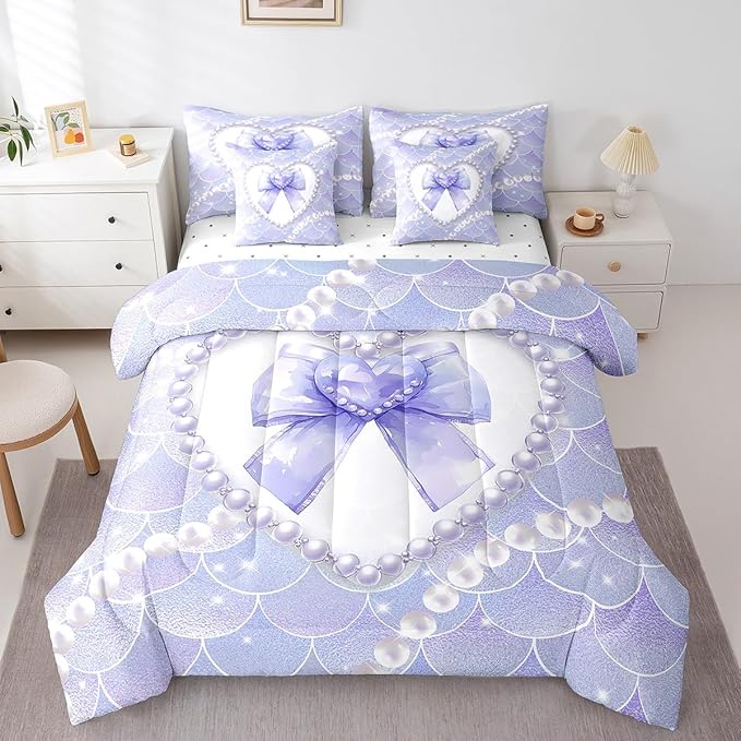 jejeloiu Girls Purple Bowknot 7 Piece Bedding Set Full Size White Pearl Comforter Set with Sheets for Kids Women Glitter Mermaid Bed in a Bag Princess Style Bed Set