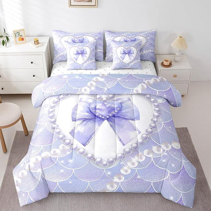 jejeloiu Girls Purple Bowknot 7 Piece Bedding Set Full Size White Pearl Comforter Set with Sheets for Kids Women Glitter Mermaid Bed in a Bag Princess Style Bed Set