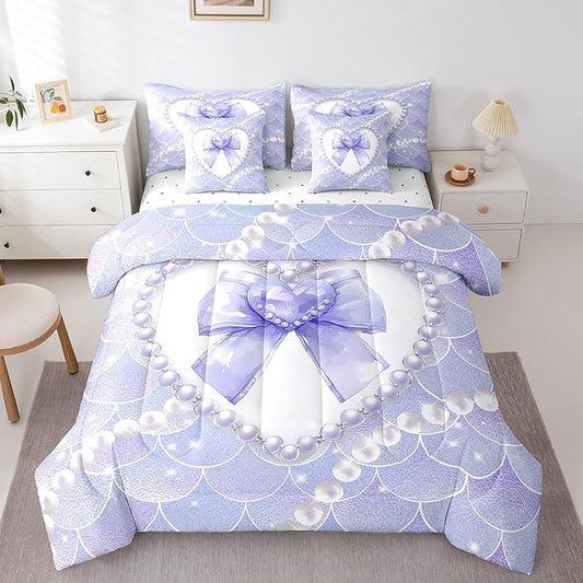 jejeloiu Girls Purple Bowknot 7 Piece Bedding Set Full Size White Pearl Comforter Set with Sheets for Kids Women Glitter Mermaid Bed in a Bag Princess Style Bed Set