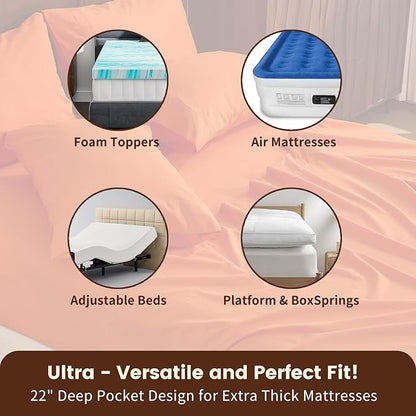 100% Linen Sheet Set Cal King Size Extra Deep Pocket Fits 18-24 Inch Mattress, Breathable & Soft, Smooth 6-Piece Set for Thick Mattresses Hotel Luxury Bedding（Cal King, Orange）