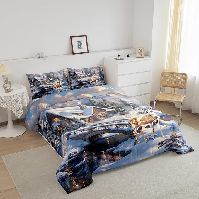 Winter Deer Comforter Set Queen Size,Wood Cabin House Bedding Set,Snowflake and Pine Tree Mountain Lake Quilt Set for Kids Girls Boys Adult Room Decor,Christmas Animals Duvet Insert 3Pcs