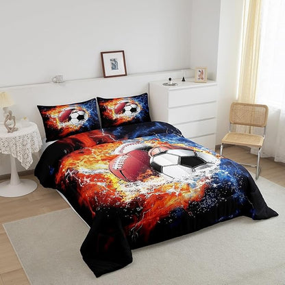 Feelyou Sports Comforter Set for Boys Comforter Set Toddler Size Football Baseball Bedding Set for Kids Ultra Soft Ball Games Bedroom Decor with 3D Soccer, Basketball Design