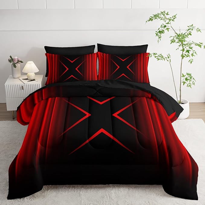 Red and Black Geometric Comforter Set King Size 7Pieces,3D Abstract Mordern Printed Bedding Set for Adults,Geometric Mordern Decor All Seasons with Pillowcases,Flat, Fitted Sheet