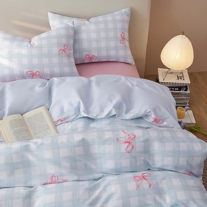 Blue Plaid Twin Comforter Set - Pink Bow Quilt Bedding Set 2 Pieces, Gingham Comforter Set Twin Size, Soft & Lightweight Comforter(68‘’ x 90‘’) for Girl All Season & 1 Pillowcase(30‘’x20‘’)