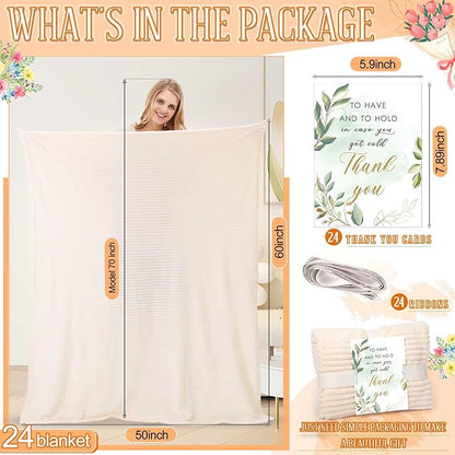 Buryeah 24 Pcs Wedding Flannel Fleece Throw Blanket Bulk with Thank You Card and Ribbon, 50 x 60 in Oeko-TEX Standard 100 Certified Blankets Outdoor Wedding, Guest Party Souvenirs (Ivory)