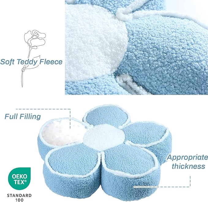 Sioloc Flower Shaped Pillow Daisy Pillows Floor Cushion Pastel Cute Seat Cushions Aesthetic Classroom Dorm Decorative Fun Throw Pillow for Bed,Couch(Blue,19.7")
