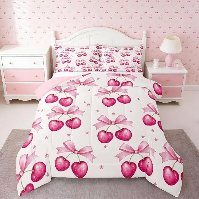 Feelyou Pink Girls Bow Bedding Set Boys Girls Queen Size Bow Comforter Set for Kids Women Men Ultra Soft Kawaii Cherry Prints Comforter Cute Bowknot Duvet Set Room Decor Lovely Quilt Set