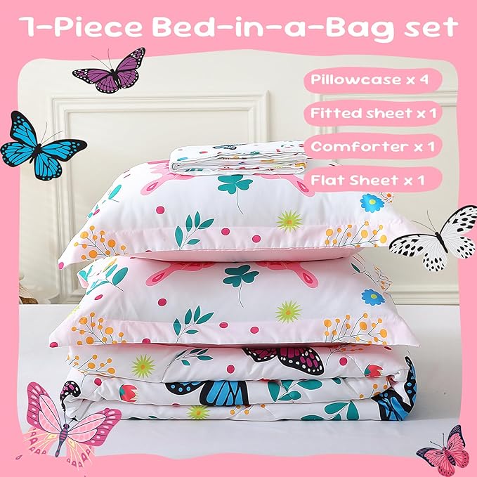 Girls Butterfly Comforter Set Full Size 7 Piece Bed in A Bag Colorful Flowers Leaves Bedding Set for Kids Teens Super Soft All Season