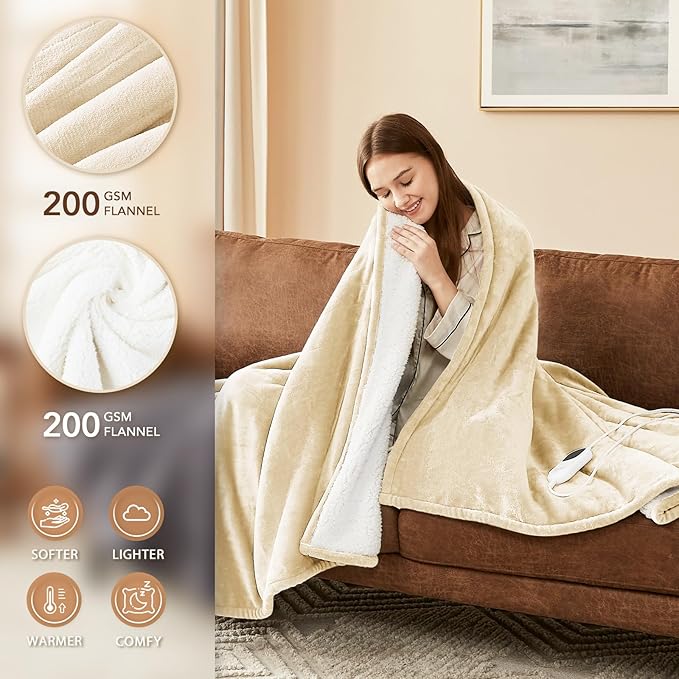 Homemate Heated Blanket Electric Throw - 50"x60" Heating Blanket Throw 1/2/4/6/8 Hours Auto-Off 10 Heat Level Over-Heat Protection Flannel Sherpa ETL Certification