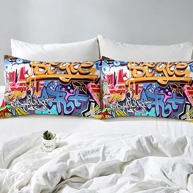 Feelyou Hippie Graffiti Comforter Set Colorful Graffiti Art Printed Bedding Set for Kids Boys Teens Hip Hop Comforter Street Hipster Duvet Set with 2 Pillowcase 3Pcs Bedding Queen Boys