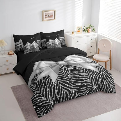 Feelyou Silver Bowknot 7 Piece Bedding Set King Size Glitter Print Comforter Set with Sheets for Kids Girls Adult Cute Bowknot Bed in a Bag Black Silver Bed Set