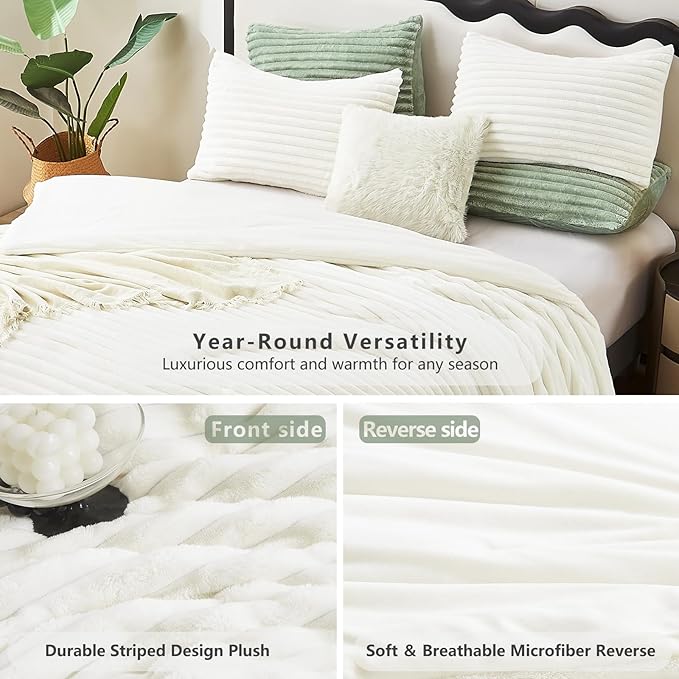 CozyLux Fluffy King Size Comforter Set - Super Soft Faux Fur Cream White Comforter King Size, Winter Warm Fleece Bedding Set, 3 Pieces Plush Fuzzy Bed Set (1 Shaggy Comforter, 2 Pillowcases)
