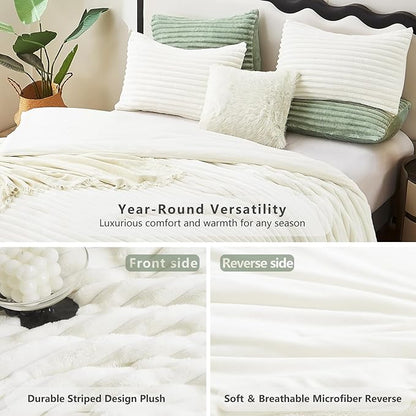 CozyLux Fluffy King Size Comforter Set - Super Soft Faux Fur Cream White Comforter King Size, Winter Warm Fleece Bedding Set, 3 Pieces Plush Fuzzy Bed Set (1 Shaggy Comforter, 2 Pillowcases)