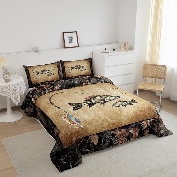Erosebridal Rustic Bass Fish Comforter Set Toddler Country Camo Fishing Bedding Set Woodland Camouflage Lake Fish Fisherman Quilt Comforter for Kids Boys Teen Men Retro Farmhouse Cabin Bed Set 2 Pcs