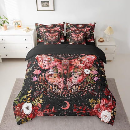 Feelyou Red Death Moth Bedding Set with Comforter, Boho Moth Comforter Twin Size 7Pcs Sun Moon Butterfly Bed in a Bag with Comforter, Boho Floral Flat Sheet, Fitted Sheet, Pillowcases Room Decor