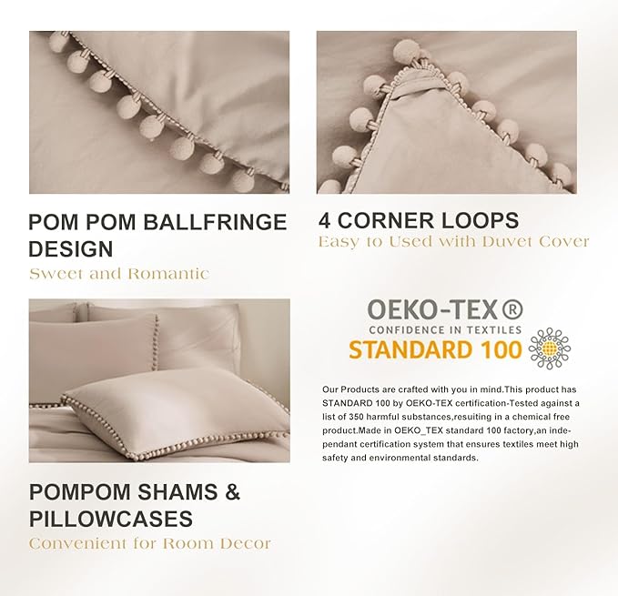 MUKKA Boho Pom Pom Fringe Comforter Set 5-Piece Full Size Khaki, Boho Bedding Comforter Set Taupe with 2 Pillowcases, 2 Pillowshams
