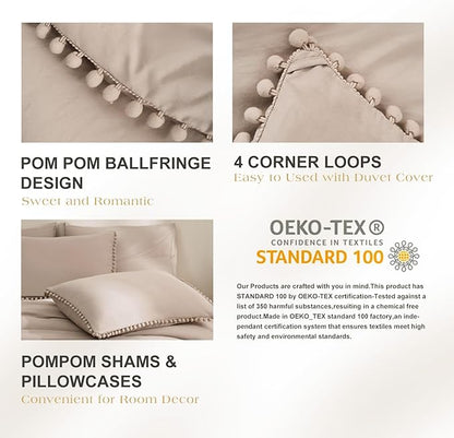 MUKKA Boho Pom Pom Fringe Comforter Set 5-Piece Full Size Khaki, Boho Bedding Comforter Set Taupe with 2 Pillowcases, 2 Pillowshams