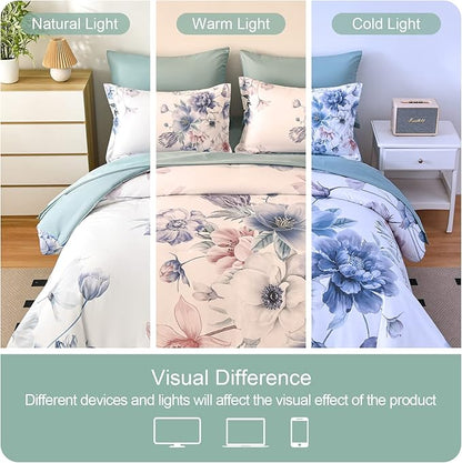 Floral King Size Comforter Set - 7 Piece Bed in a Bag, Light Blue Flowers Printed on White Bed Comforters with Sheets, Soft Lightweight Bedding Set for All Season(Light Blue, King