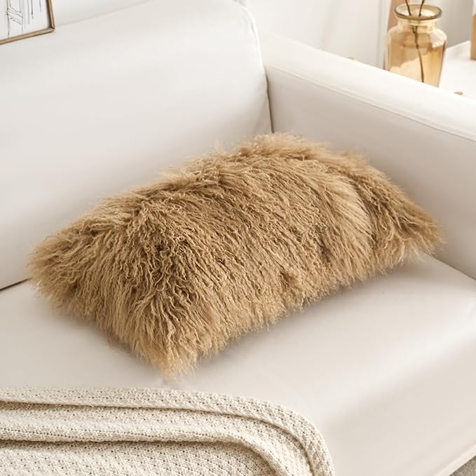 Genuine Mongolian Lamb Fur Pillow Cover – 12"x20" Rectangular Cushion Case – Soft Curly Wool Decorative Accent for Sofa, Bed, or Chair(Dark Beige)