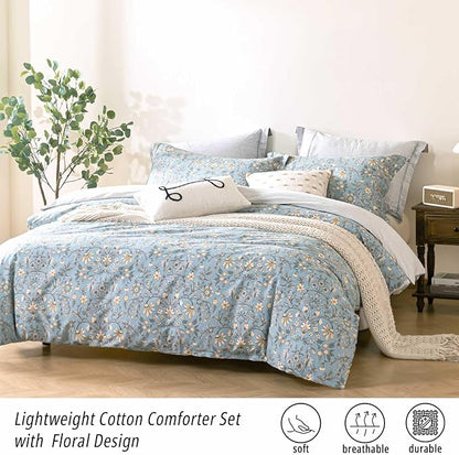 Smoky Blue Botanical Cotton Comforter Queen Size - 3PC Lightweight Bedding Sets with Soft Fill, Luxurious Vintage-Inspired Floral Patterns, Light Gray Striped Reversible Design
