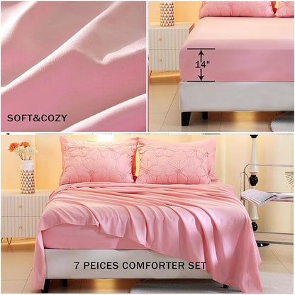 Pink Pinch Pleat Comforter Set Queen Size-7 Pieces Bedding Comforter Bed in A Bag-Lightweight Microfiber Bedding Set with Comforter,Fitted Sheet,Flat Sheet and Pillow Shams-90 x90