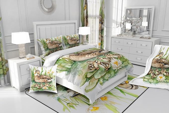 Duck Family King Size Comforter Sets for Boys Girls,Watercolor Pond Flowers Leaves Bedding Sets Youth Men Bedroom Decor,Wild Duck Cute Birds 3 Pieces Quilt Set,Farmhouse Style Duvet Insert