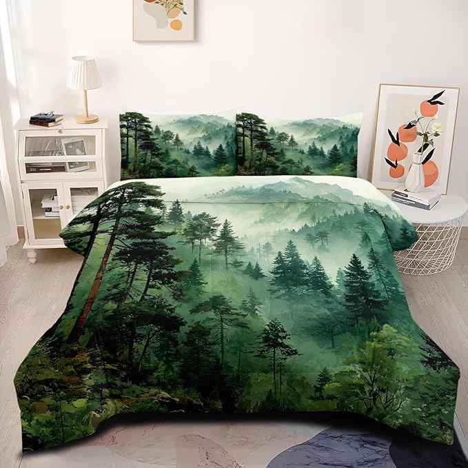 Olive Green Comforter Set Queen Size Pine Tree Pattern Forest Green Bedding Set Modern Aesthetic Comforters Soft Down Alternative Comforter Sets with 2 Pillowcases