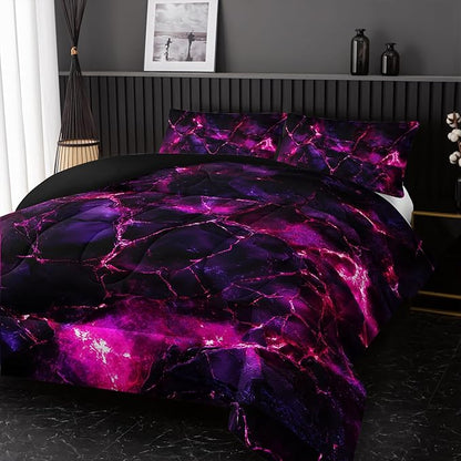 Pink Comforter Set Queen Size，Pink Marble Bedding Set 3 Pcs Bedding for Adults, Marble Room Decor with Comforter and 2 Pillowcases Soft and Lightweight B-Side Black