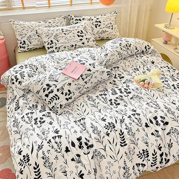 CLOTHKNOW White Black Floral Comforter Set Twin/Twin XL Leaves Bedding Comforter Sets White Boho Bedding Sets Black Flowers Comforter Sets