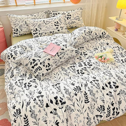 CLOTHKNOW White Black Floral Comforter Set Twin/Twin XL Leaves Bedding Comforter Sets White Boho Bedding Sets Black Flowers Comforter Sets
