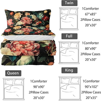 Cute Flower 3 Piece Bedding Set King Size，Colorful Floral Ultra Soft Microfiber Comforter Bed Set with 3-Pieces,Flower Comforters Sets for Girl Teen Floral Bedroom Decor with 2 Pillow Shams
