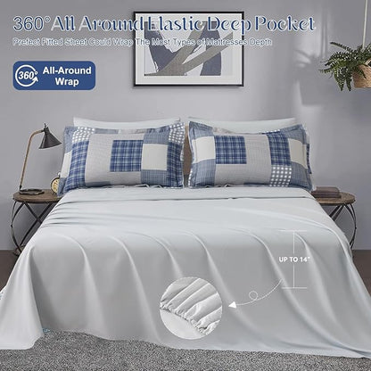 Comforter Set Queen Size Plaid Patchwork Comforter Bedding-7 Piece Bed in a Bag,Soft Fluffy Reversible Microfiber Bedding Set(1 Comforter,1 Flat Sheet,1 Fitted Sheet,2 Pillowcases,2 Pillow Shams),Blue