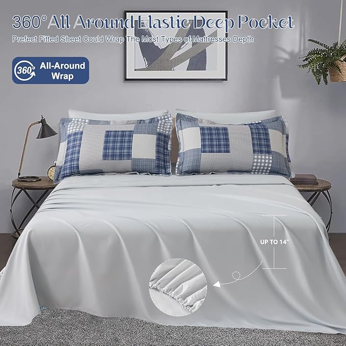 Comforter Set King Size Plaid Patchwork Comforter Bedding-7 Piece Bed in a Bag,Soft Fluffy Reversible Microfiber Bedding Set(1 Comforter,1 Flat Sheet,1 Fitted Sheet,2 Pillowcases,2 Pillow Shams),Blue