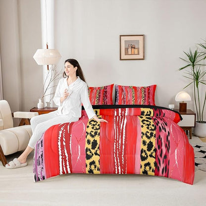 Erosebridal Stripe White Gold Red Leopard Print Women Comforter Set Queen Size 7 Pieces | Geometric Cheetah Fur Bed in A Bag Animal Skin Pattern Bed Set Men Adults Bedding