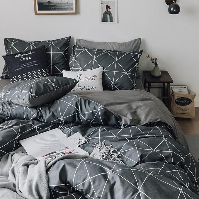 mixinni Queen Size Comforter Set Soft Geometric Grey Geometric Checkered Plaid Printed Bedding Comforter for Men Boys, 1 Soft Microfiber Reversible Comforter with 2 Pillowcases for All Seasons