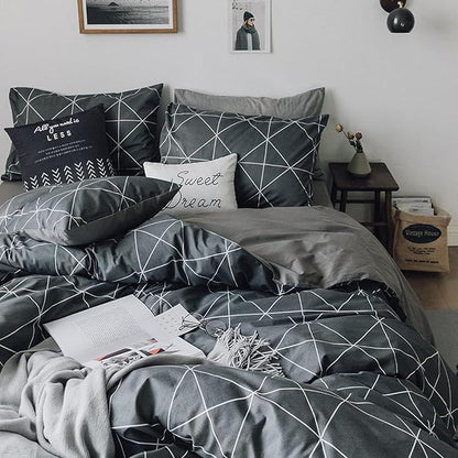 mixinni Queen Size Comforter Set Soft Geometric Grey Geometric Checkered Plaid Printed Bedding Comforter for Men Boys, 1 Soft Microfiber Reversible Comforter with 2 Pillowcases for All Seasons