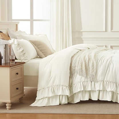 Andency Ivory Ruffle Comforter Set Oversized King, Shabby Chic Solid Bedding Set 3 Pieces, Lightweight Soft Bet Set 120x98 for Girls Women (1 Comforter 2 Pillowcases)