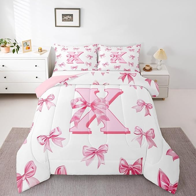 Erosebridal Initial Letter X Bedding Comforter Sets Pink Kawaii Bow Queen Bedding Set for Girls,Dreamy Princess Letter Bowknot Comforter Set for Kids Teen Women Bedroom Decor,Cute Girly Bow Bed Set