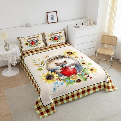 Castle Fairy Fall Sunflower Leaves Comforter Set,Cartoon Hedgehog Bedding Set Kids Teens Modern Decor,Autumn Harvest Thanksgiving Comforter with 1 Pillowcase for All Seasons,Twin