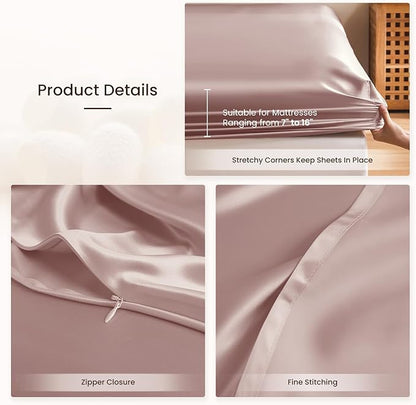 THXSILK 6A+ Top Grade 100% Pure Mulberry Silk Twin Fitted Sheet 3Pcs Set Bed Sheets Luxury Bedding for Hair and Skin Breathable Cooling Natural Materials, 1 Fitted Sheet with 2 Pillowcases, Purple