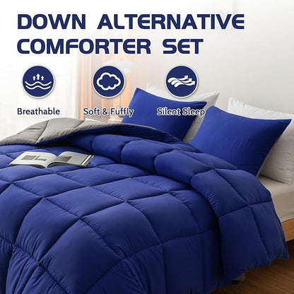 Decroom Lightweight King Comforter Set with 2 Pillow Sham - 3 Pieces Set - Quilted Down Alternative Comforter/Duvet Insert for All Season - Blue/Grey - King Size
