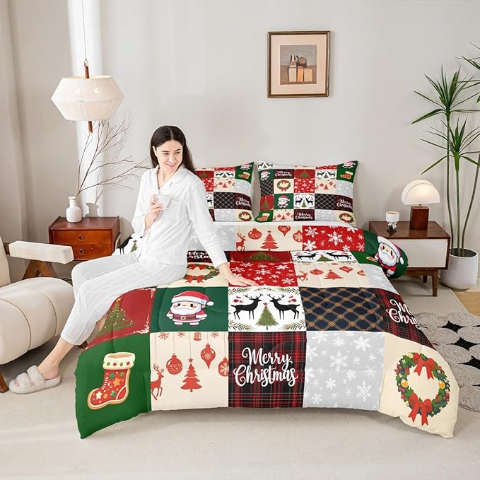 Merry Christmas Comforter Set Twin Size,Xmas Deer Santa Claus Pine Tree Bedding Set for Kids Girls Boys Red Green Grid Patchwork Plaid Quilt Set Winter Snowflake Duvet Insert,1 Pillowcase