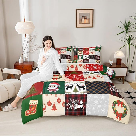 Merry Christmas Comforter Set Full Size,Xmas Deer Santa Claus Pine Tree Bedding Set for Kids Girls Boys Red Green Grid Patchwork Plaid Quilt Set Winter Snowflake Duvet Insert,2 Pillowcases