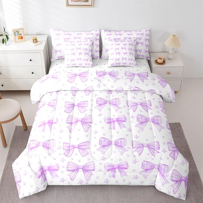 Erosebridal Kids Girls Purple Bowknot Bow Full Comforter Set 7 Pieces | Starry Bed in A Bag for Bedroom Princess Dreamy Bedding Set with Comforters Kawaii Cute Room Decor