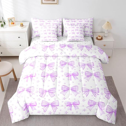 Erosebridal Kids Girls Purple Bowknot Bow 7 Piece Bedding Set Twin | Starry Comforter Set with Sheets Princess Dreamy Bed in A Bag Kawaii Cute Bed Sets