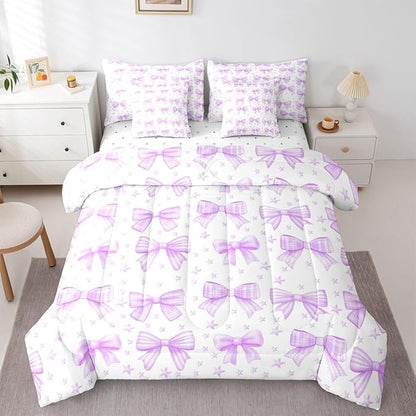 Erosebridal Kids Girls Purple Bowknot Bow King 7-Piece Comforter Set | Starry Sheets and Pillowcases Princess Dreamy Bed in A Bag Kawaii Cute Bed Sets