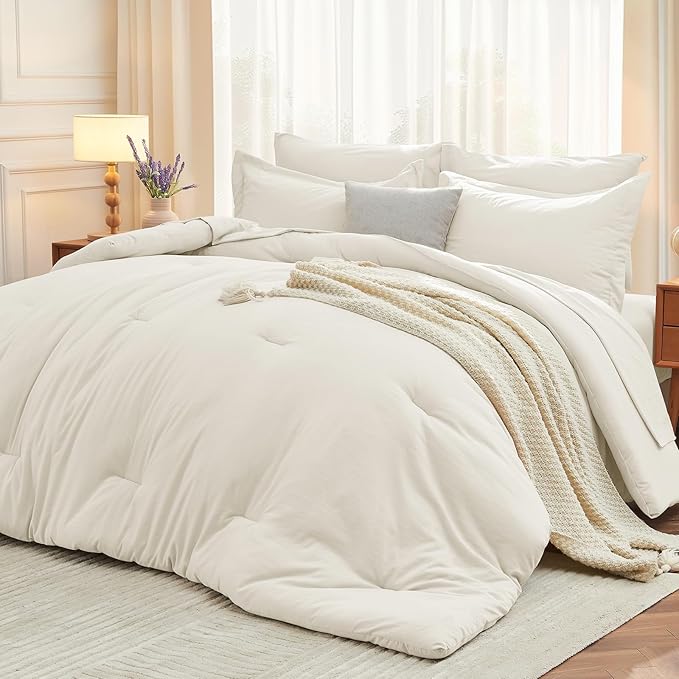 MUXHOMO 7 Pieces California King Comforter Set, Soft Bed in a Bag Cal King Size, All Season Bedding Set with Comforter, Flat Sheet, Fitted Sheet, Pillowcases & Shams, Ivory